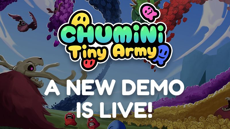 Visual promoting a new demo version of the game Chumini: Tiny Army
