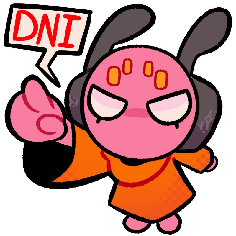 A drawing of a chibified version of Five Pebbles from Rain World. He faces the viewer, and one of his arms is outstretched with a hand accusingly pointing at them. He looks angry as a textbox next to him reads “DNI” (Do not Interact) 