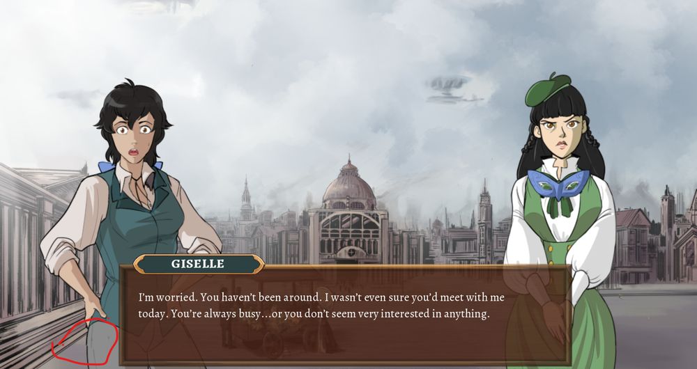 Two girls talk to each other in a plaza. Red circle highlights an art bug around left girl's leg