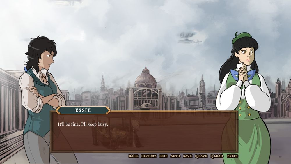 Dialogue Screen of Essie and Giselle in a plaza.