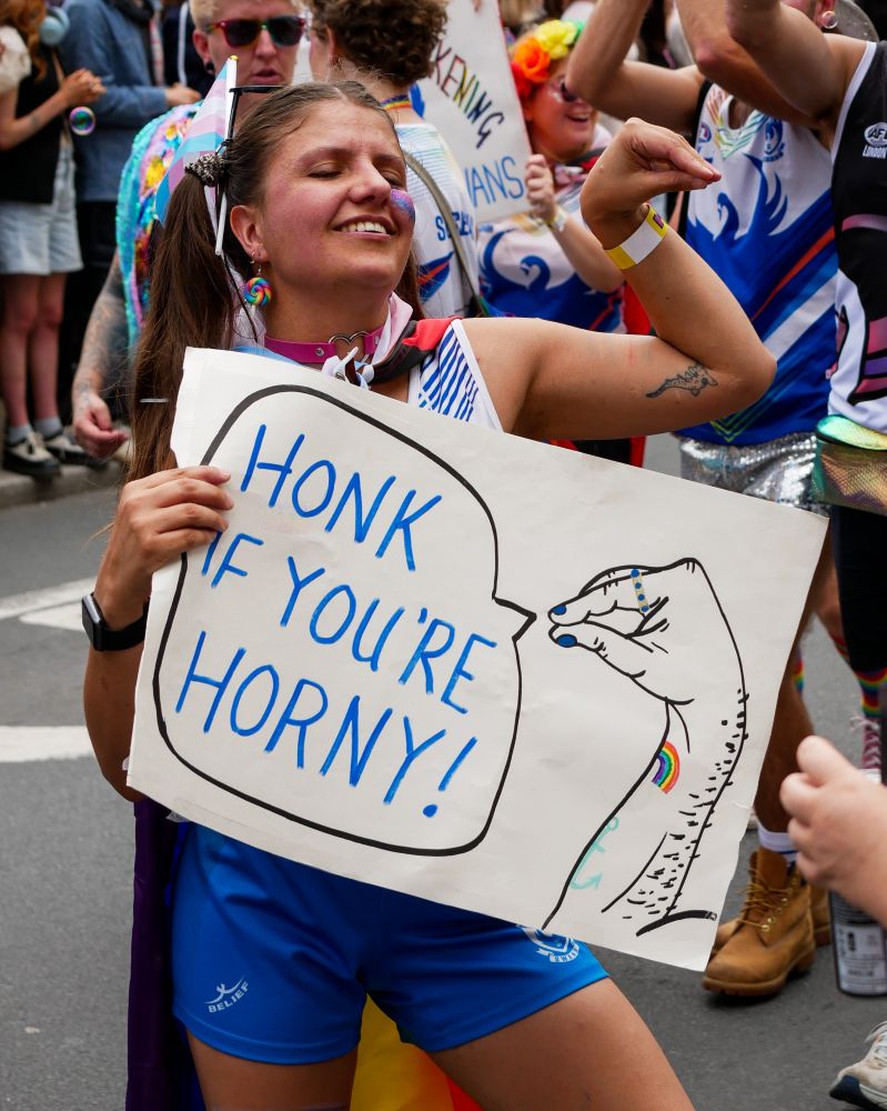 A person holding a sign "Honk if you're horny!" with the hand doing a goose gesture.