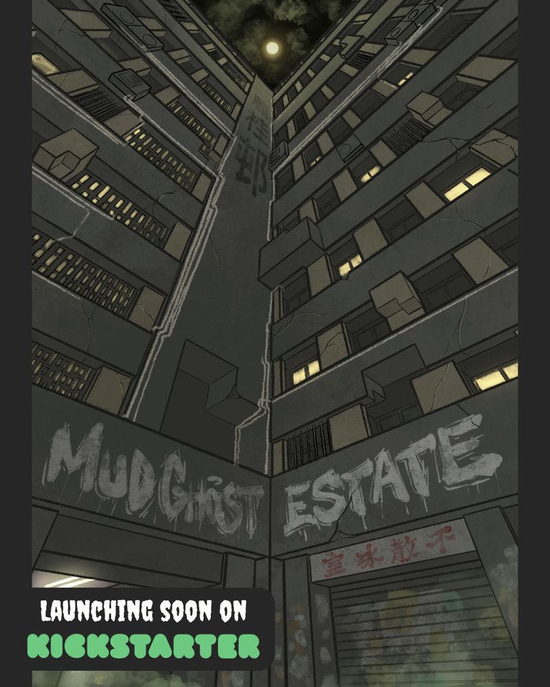 Cover for Mud Ghost Estate Redux, depicting a derelict block tower at night, seen from a wide angle perspective from the ground. The bottom left corner reads "Launching soon on Kickstarter".