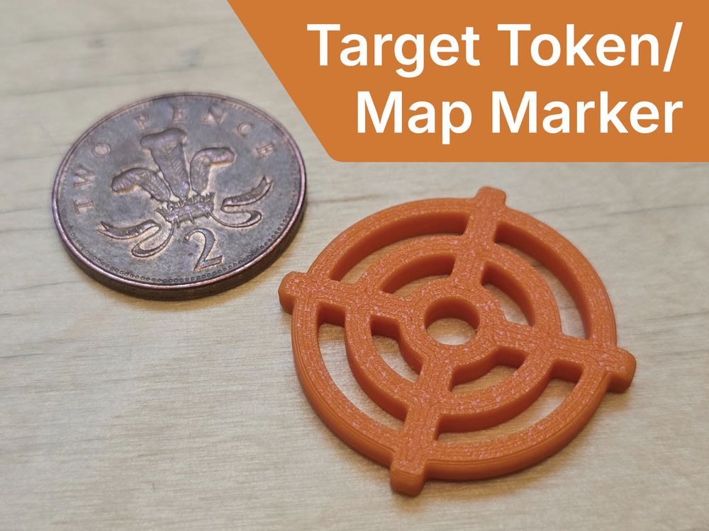 Image showing the 3D printed target token next to a British two pence, with the caption "Target token/map marker".