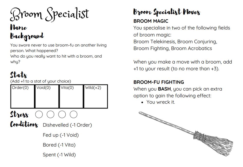 Playbook for the Broom Specialist from Magical Cleanup Service. They have the special moves Broom Magic and Broom-fu Fighting.