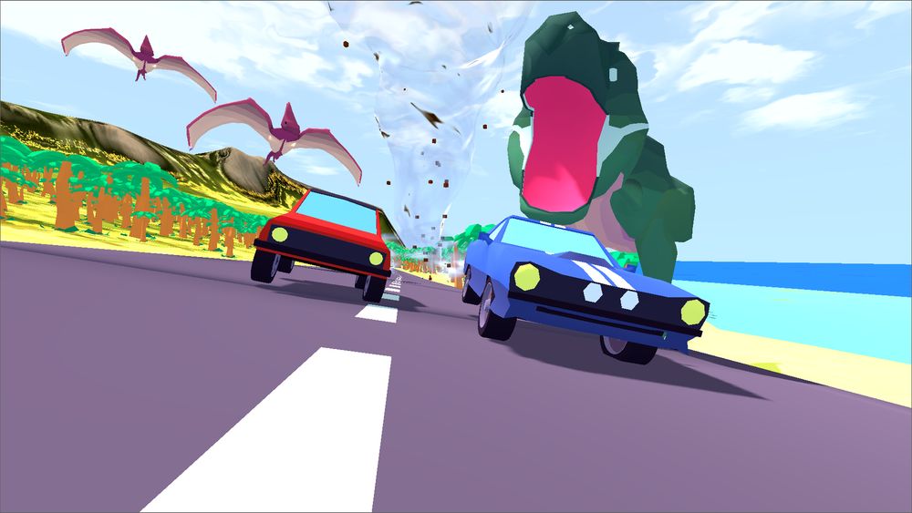 image of two cars racing being pursued by a dinosaur, two pterodactyls and a tornado. Lowpoly style