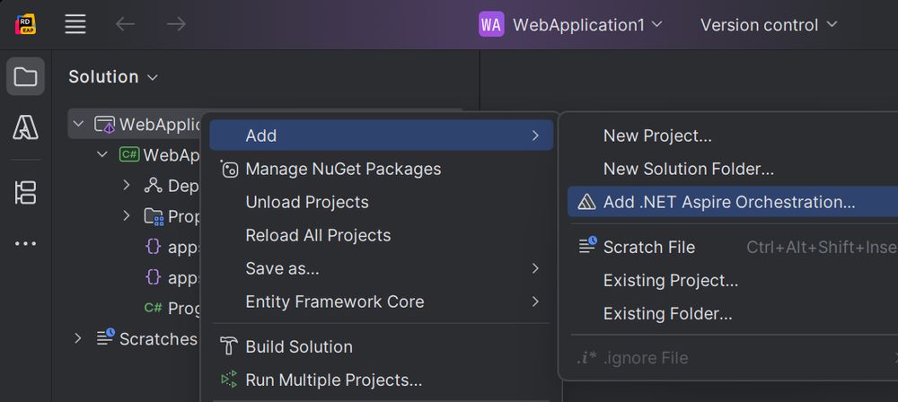 Action to add .NET Aspire project to a solution