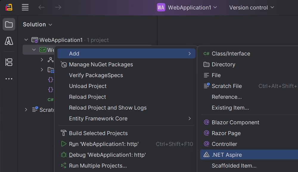 An action to add .NET Aspire project to a project