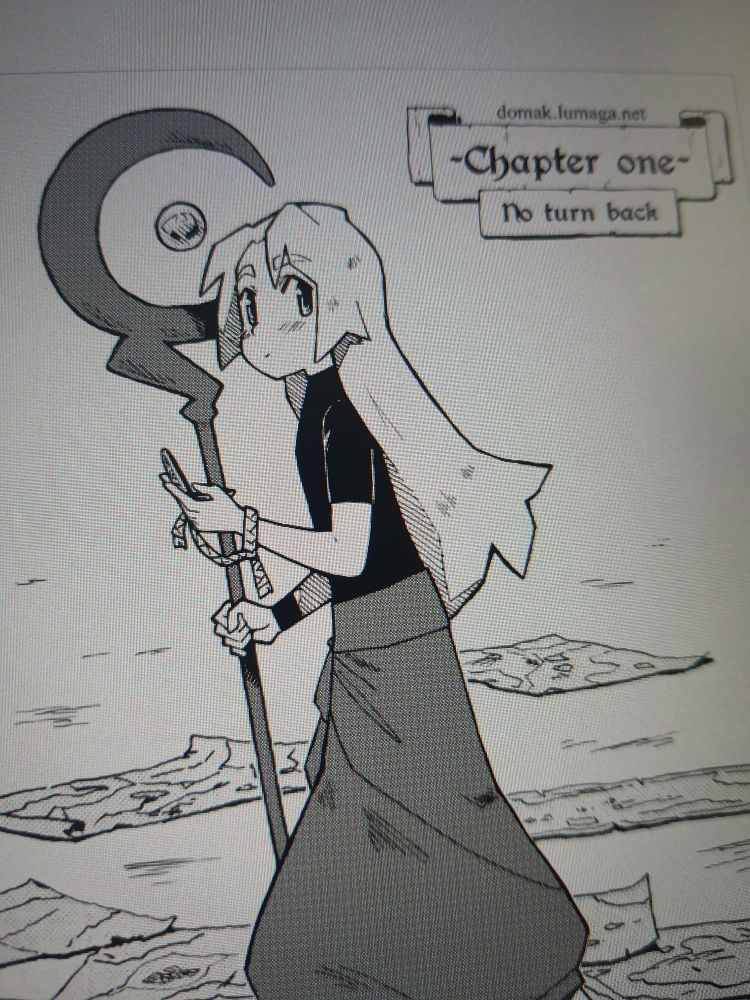 Reads "chapter one. No turn back". A drawing of a girl with a staff walking with old maps on the back.