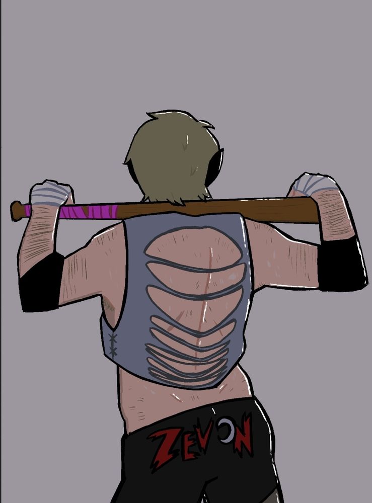 zevon wearing a shirt with the back all cut up. he's holding a baseball bat on his shoulders.