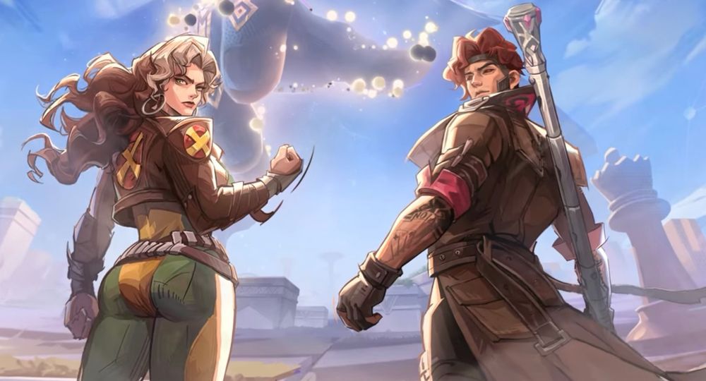 rogue and gambit from marvel rivals. their backs are facing the camera but their heads are turned over their shoulders looking at the camera. they both wear brown coats, gambit’s is longer. rogue wears her classic green and yellow costume underneath. rogue has her classic long wavy brown and white hair. gambit’s hair is a fluffy, wavy short red. 