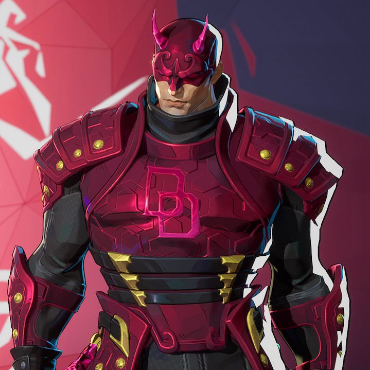 daredevil from marvel rivals wearing red almost-metallic armor with gold accents