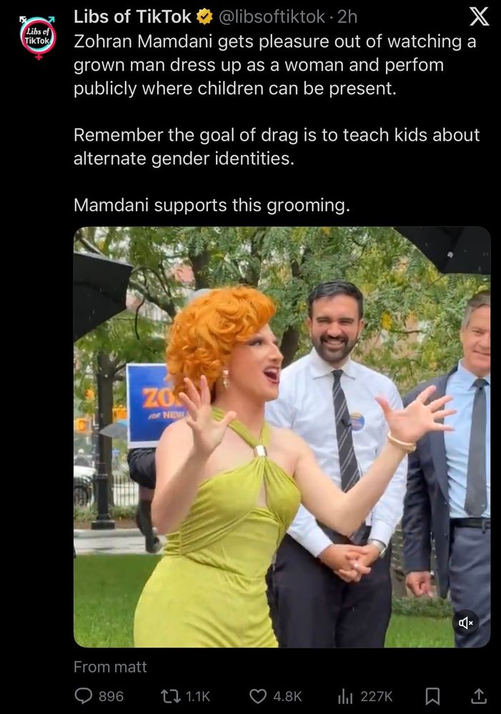 Screen cap featuring LibsOfTiktok complaining that Zohran Manmdani is watching a Drag Queen performing, in what appears to be a park.
