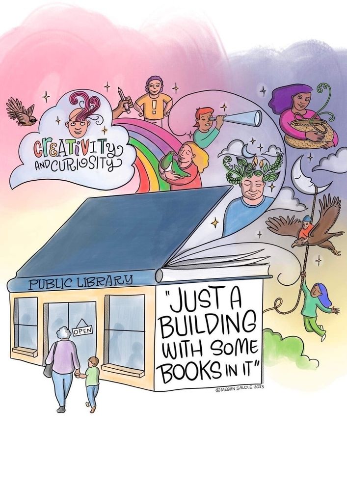 Image of grandparents and child walking into a public library. The roof is a book opening and out of it is coming a range of image of imagination and creativity.