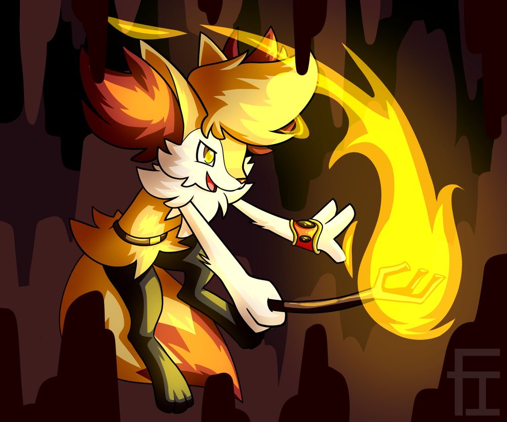 A briaxen boy wearing an orange looplet is in a cave. He casts a fire spell with his stick wand.