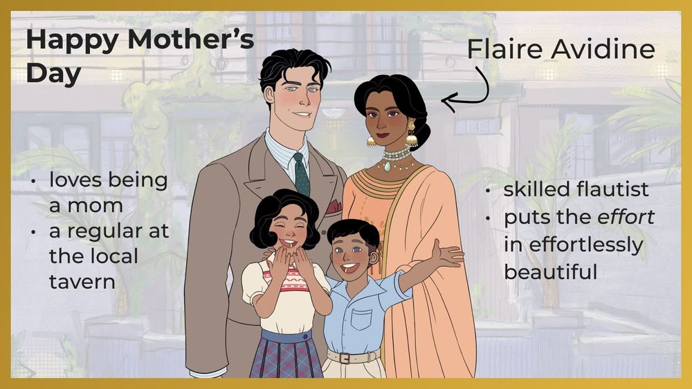 Illustrated family portrait of characters from the game Ventreville: A Cute for Sorrow. Father, mother, young boy and girl. Text says: "happy mother's day. Flaire Avidine loves being a mom, a regular at the local tavern, skilled flautist, puts the effort in effortlessly beautiful"