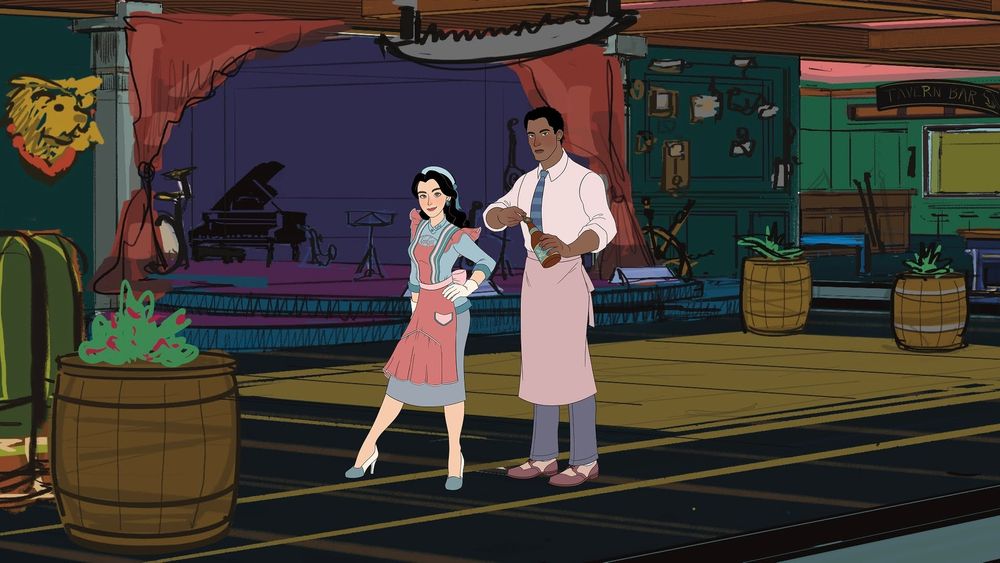 Digital art of the colorful interior of a tavern with a music stage and plants in barrels. Two characters stand in the middle, a woman with a bright apron posing and a man opening a bottle.