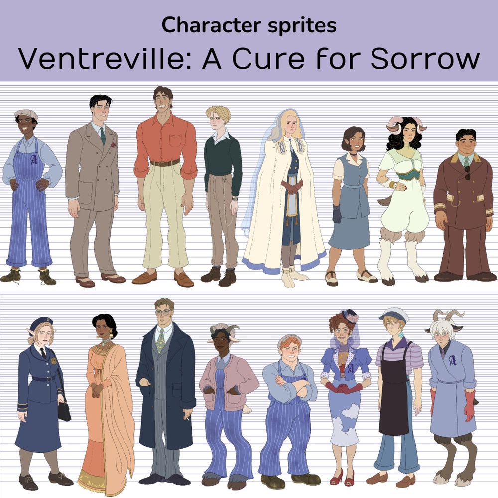 Collage titled "Character sprites Ventreville: A Cure for Sorrow" with two rows of 8 character portraits each from the game.