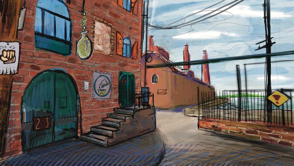 Background art from indie mystery visual novel game Ventreville: A Cure for Sorrow. Scene is outside a red brick factory during daytime. There is a potion bottle sign and solidarity fist poster on the wall.