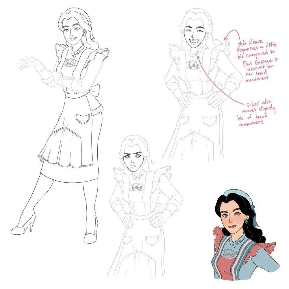 Collage of character sketches of woman with high heels, dress apron and different smiles and frowns