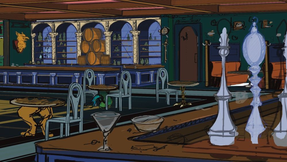 Digital art of the colorful interior of a tavern with a wooden bar and tables and chairs.