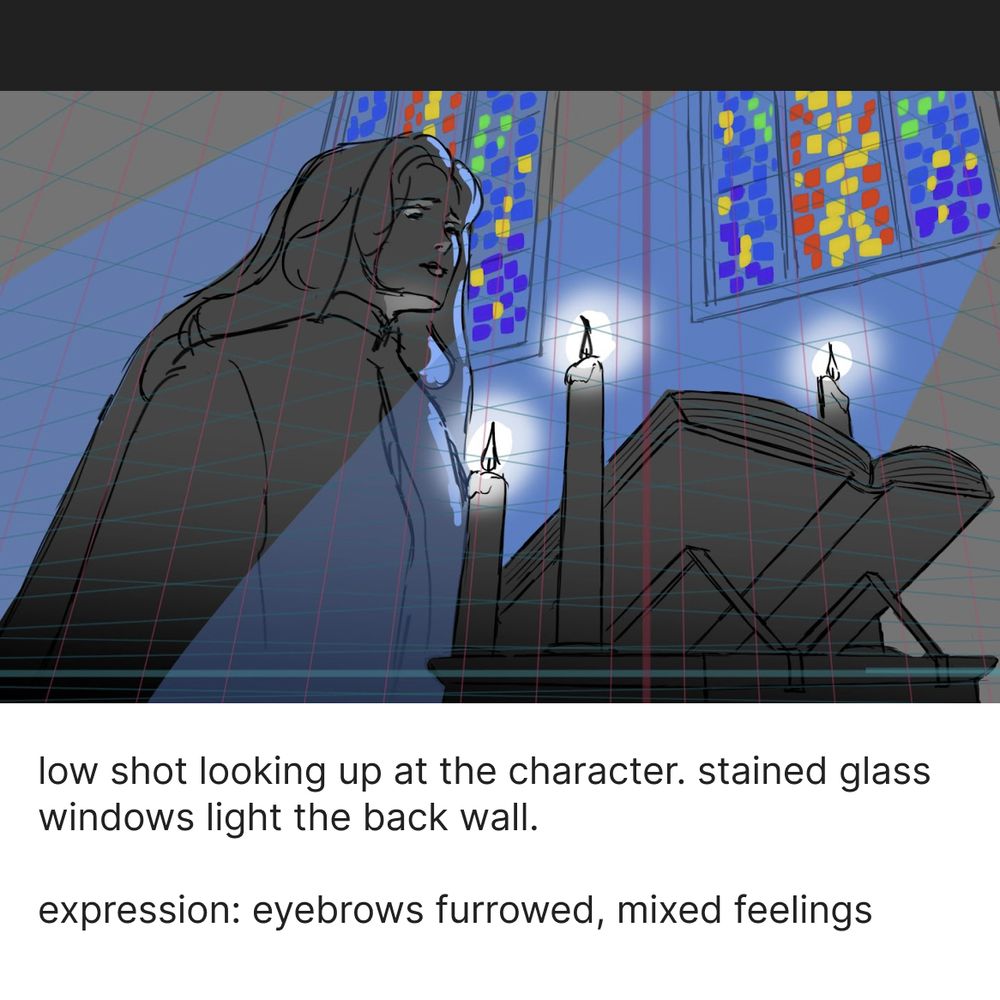 collage of sketched portrait of woman looking down at an open book and candles amid a room with stained glass. caption says "low shot looking up at the character. stained glass windows light the back wall. expression: eyebrows furrowed, mixed feelings"