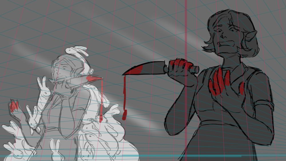 Digital sketch of young woman in grayscale holding a bloody knife with an expression of horror. In the background is a mirrored version where she is surrounded by rabbits. 