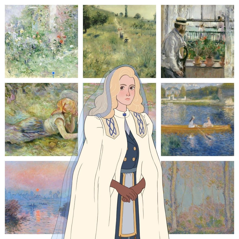 Moodboard 3 by 3 grid of impressionist landscape paintings. On top of the grid is a digital drawn character portrait of a blonde woman with a veil, white cloak and serious expression.