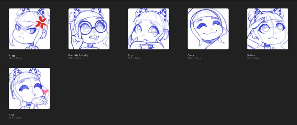 Angy, erm actually, shy, cozy, salute, and blowing kisses line art for my emotes being done by Jootics. 