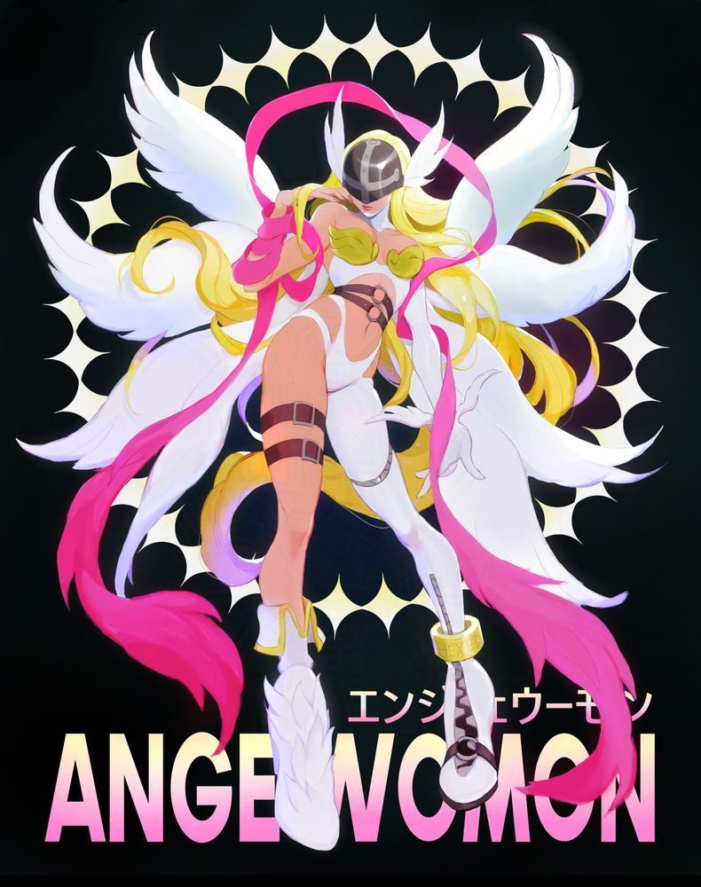 A digital painting of the character "Angewomon" from the 1999 Japanese anime "Digimon Adventure" drawn in the style of a fashion illustration cover page.