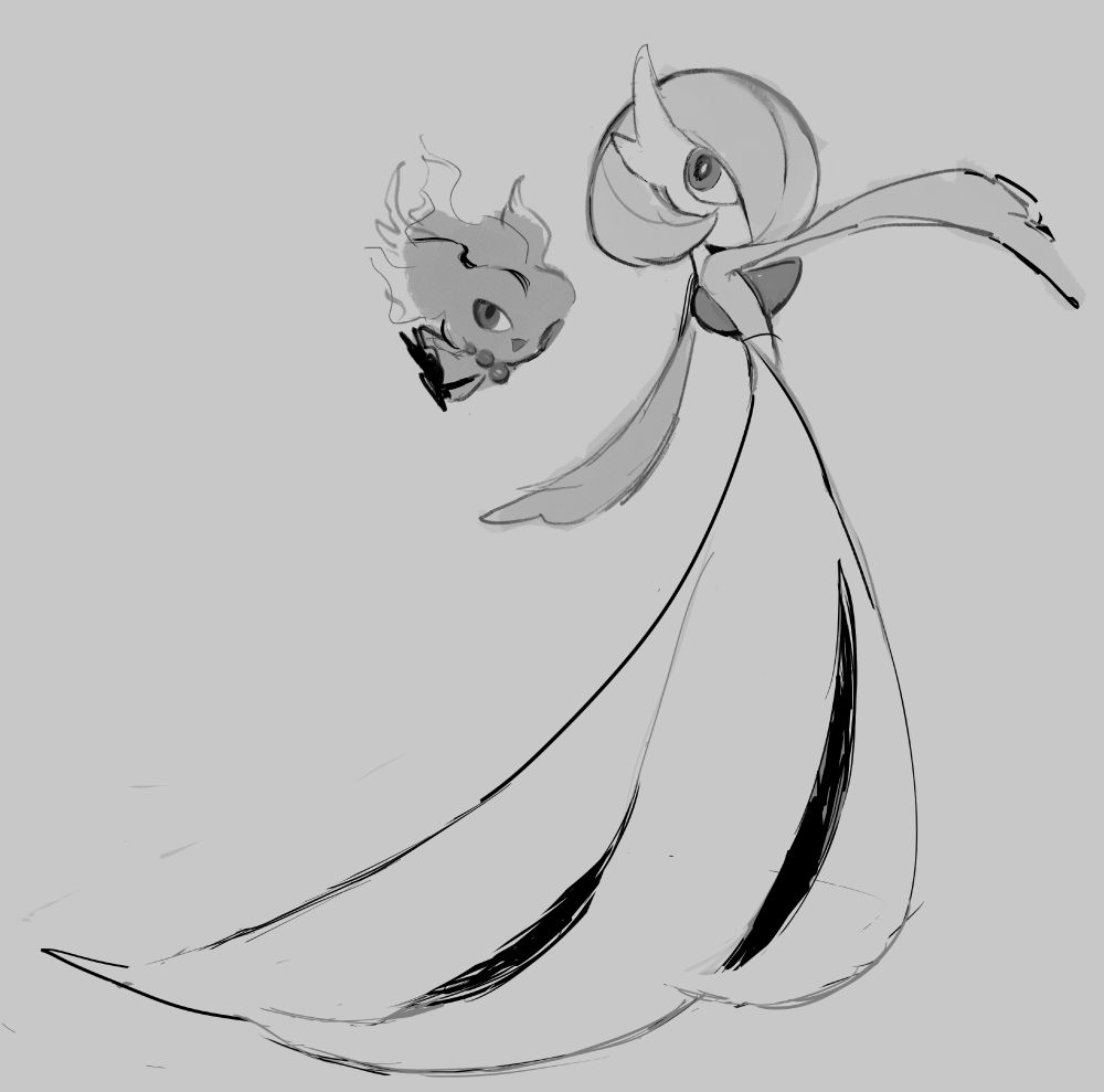 a doodle of misdreavus and gardevoir, two fictional monsters from the "pokemon" series