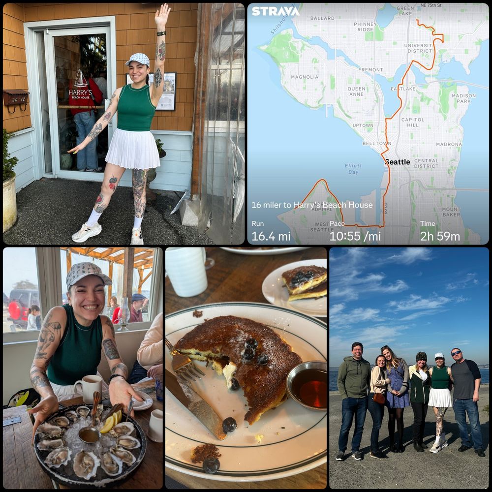 Collage of Brain at Harry’s Beach House after her 16.4 mile long run. 