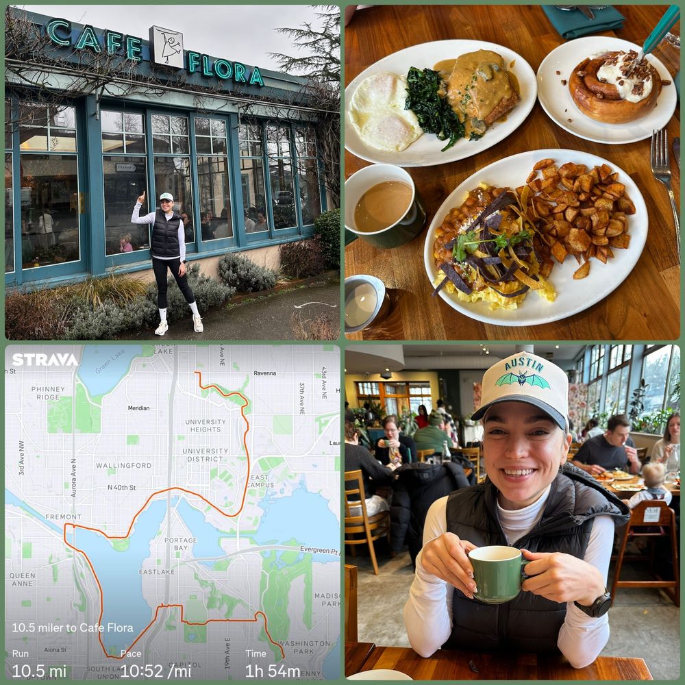 Grid of four photos displaying Brain’s run to and breakfast at Cafe Flora. 