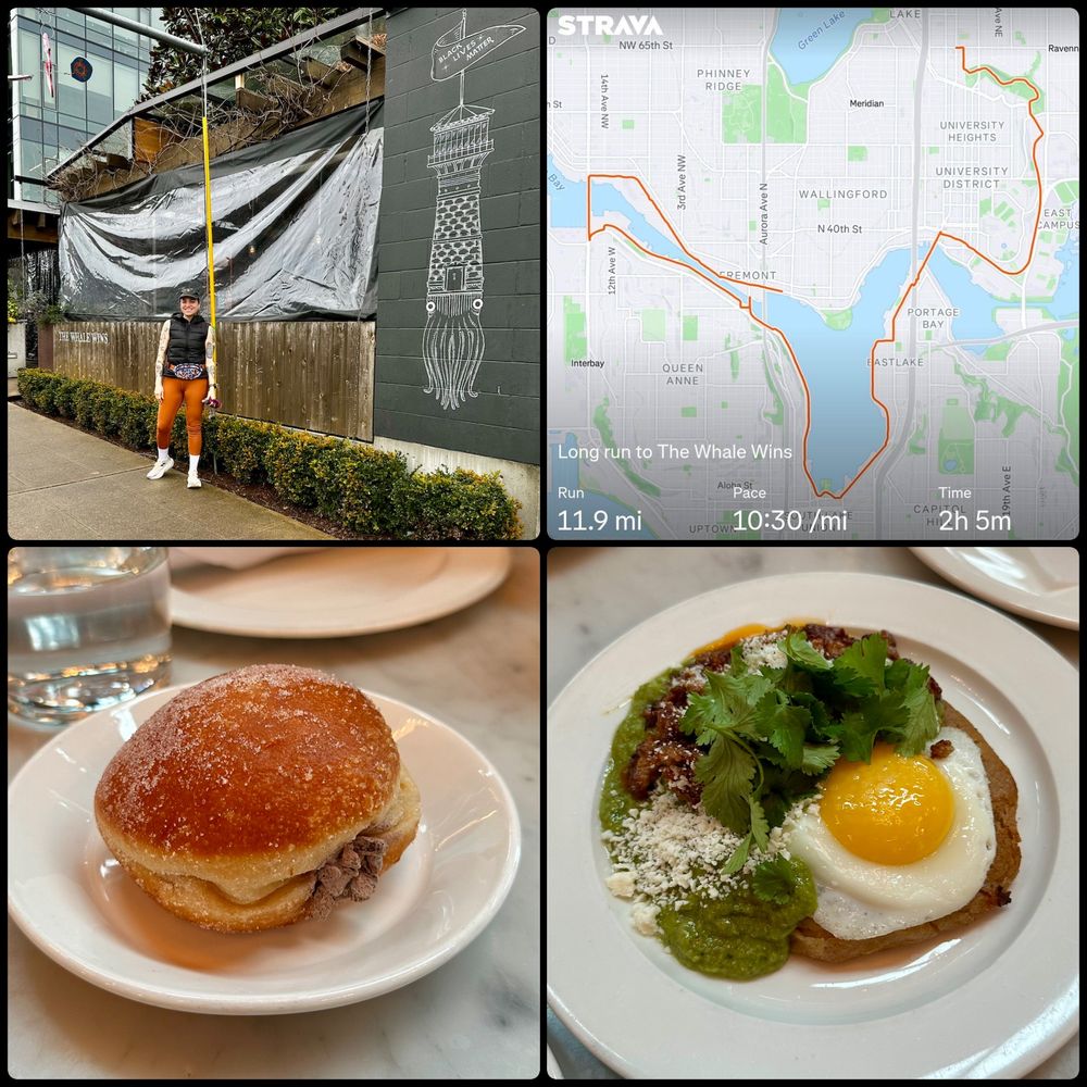 A collage of Brain at The Whale Wins after her long run. She got a chocolate-marshmallow crème filled donut and a Gordita with a sunny side up egg. 