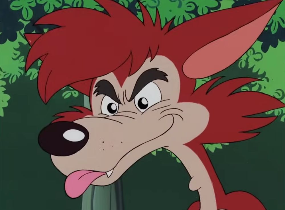 Mr. Wolf from My Melody no Akazukin, looking mischievous and sticking his tongue out