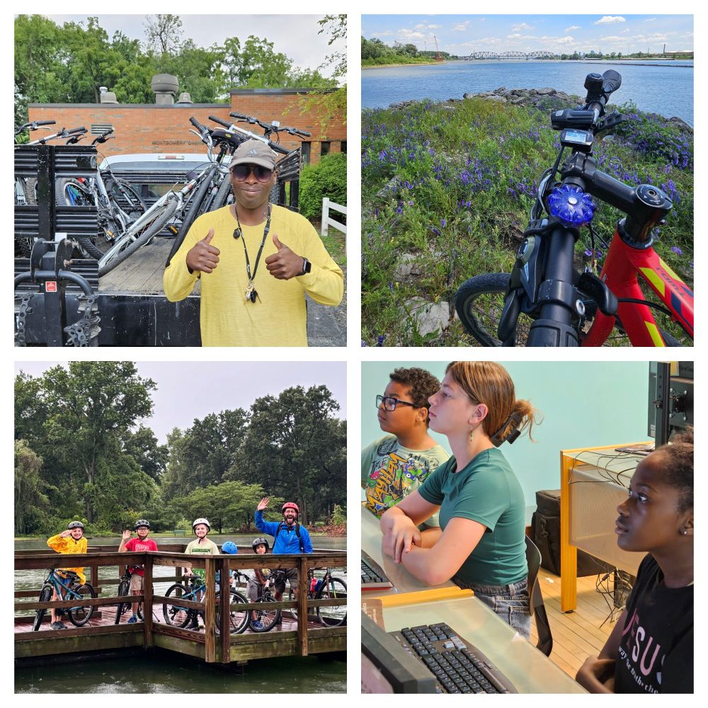A four-square collage with one photo showing an Earn-A-Bike helper in front of a truck full of student bikes, another photo showing the handlebars of a bike at the river confluence. a third showing a BWorks teahcer and students at Willmore Park waving from a platform on a water with their bikes, and a fourth photo showing a row of BWorks Earn-A-Computer students listening to a teacher's guidance at our Soulard headquarters.