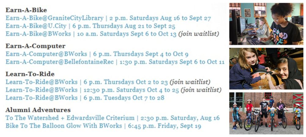 A screenshot of BWorks' class and alumni adventure registration page along with three small pictures of recent students in bike and computer classes