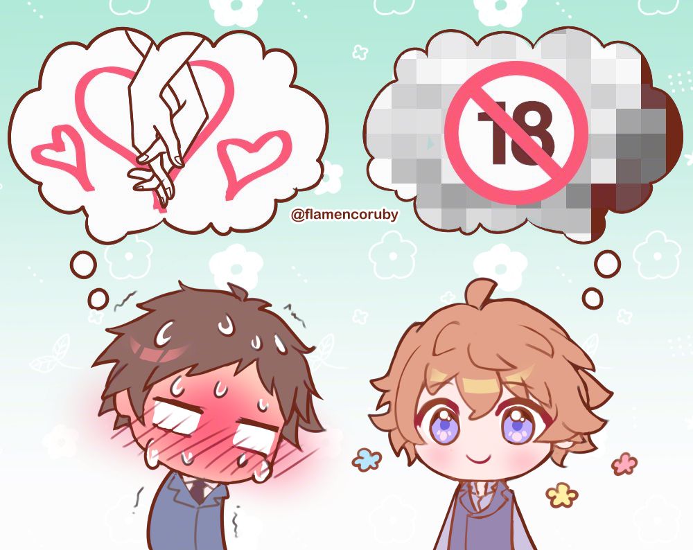 meme fanart of chibi goto and masayoshi from samurai flamenco. goto is extremely flustered thinking of holding hands, while masayoshi looks very cute and cheery but is thinking of R18 stuff (represented by mosaics)