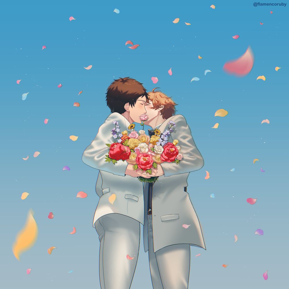 fanart of goto and masayoshi from samurai flamenco. they've just got married. they're standing against a blue sky, and they're kissing, but a rose from the bouquet they're holding is covering their mouths.