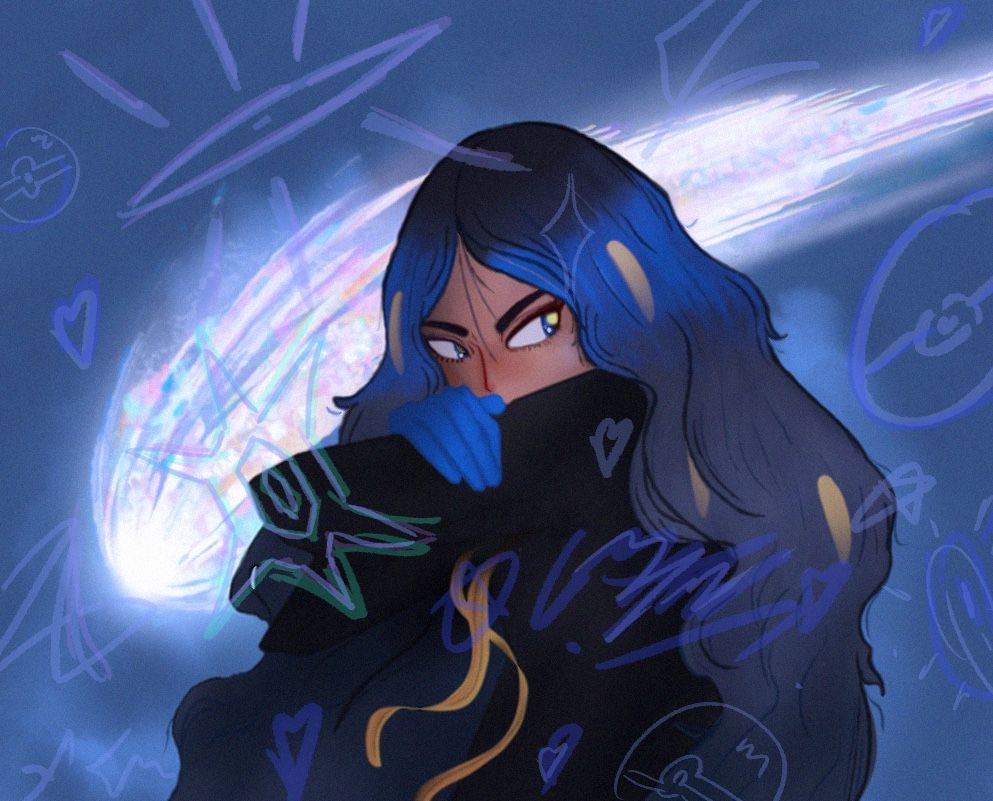 Champion Geeta of Pokémon scarlet and violet posed hiding face with a crystal/tera meteor in the background of the night sky with added signatur,  pokeball and hearts drawings. 