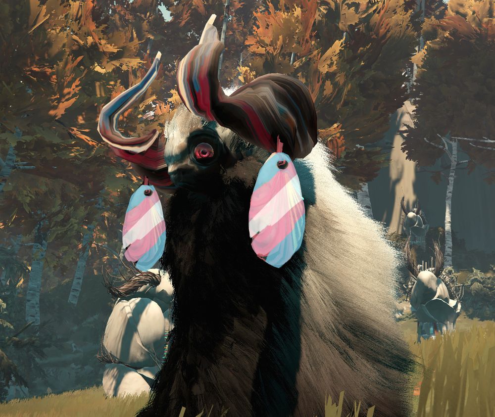 Screenshot from HERDLING: it shows a Calicorn (a big furry horned creature) wearing trans pride color decorations dangling from its horns
