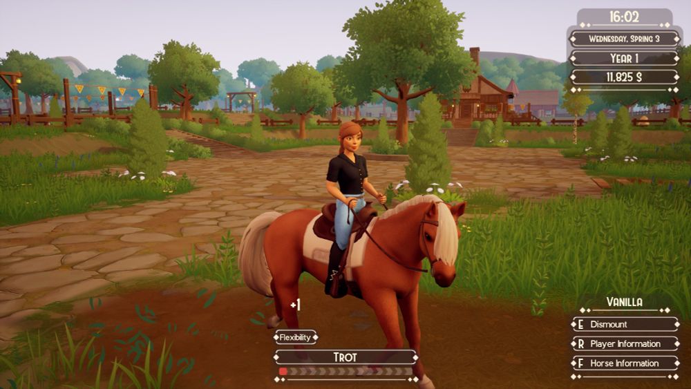 Screenshot from The Ranch of Rivershine, showing my player character on her horse, a flaxen chestnut called Vanilla