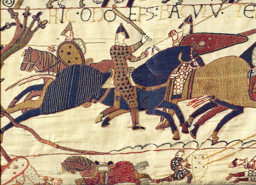 cutout of the bayeux tapestry, showing a horse with visible testicles