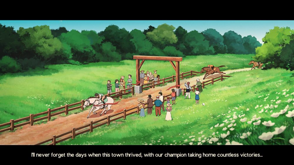 Screenshot from The Ranch of Rivershine, showing an illustrated intro screen with the text "I'll never forget the days when this town thrived, with our champion taking home countless victories"