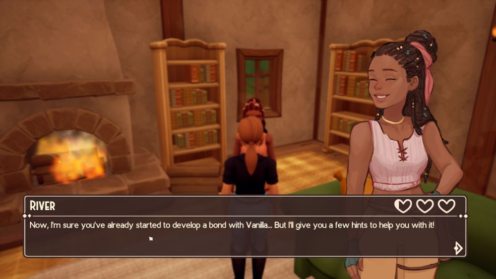 Screenshot from The Ranch of Rivershine, showing a dialogue box and the character art of a brown named River telling me about how to bond with my horse. 