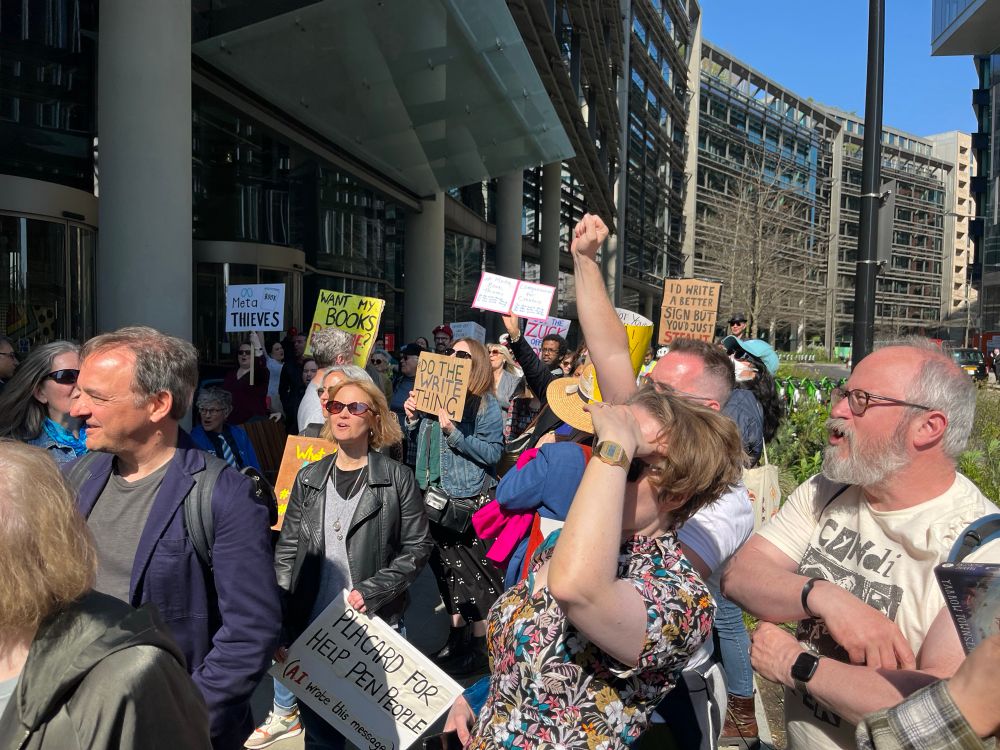 Society of Authors and Writers Guild protest outside Meta headquarters in London.