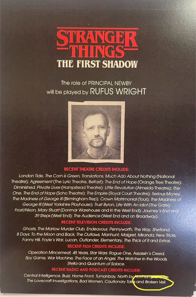 Rufus Wright’s notes and credits for the Stranger Things The First Shadow stage show.
