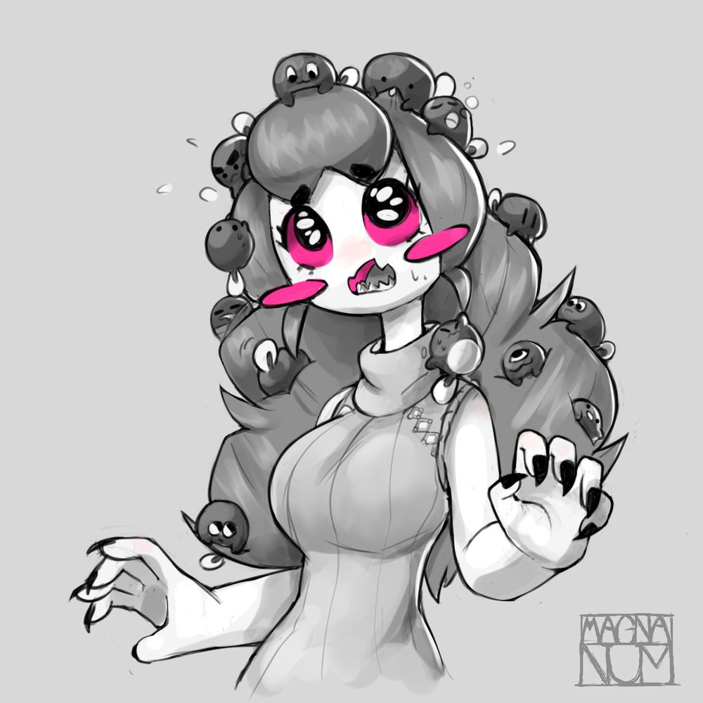 Spider maid num,  with little tadpoles crawling all over her hair,  she seems distressed