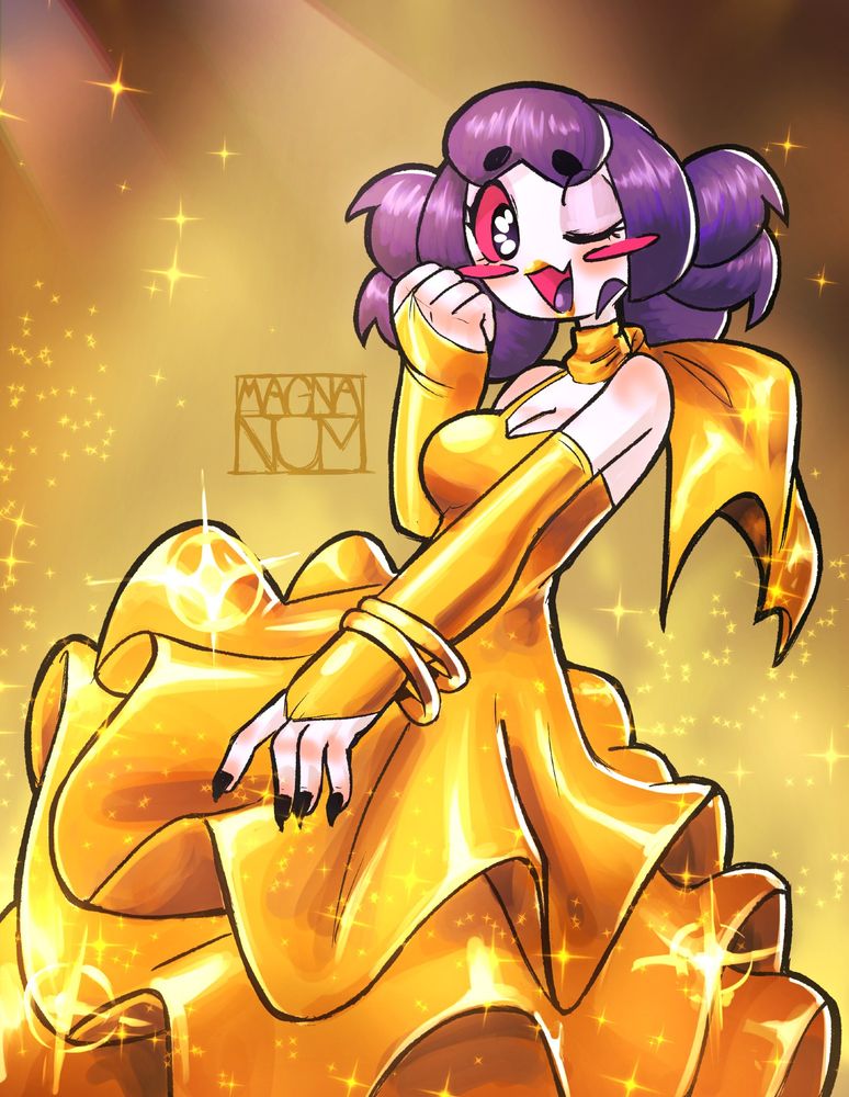 Num, the spider maid,  happily earing a sparkling golden dress with long gloves, golden bracelets and a golden scarf,  gold dust is shimmering around her.