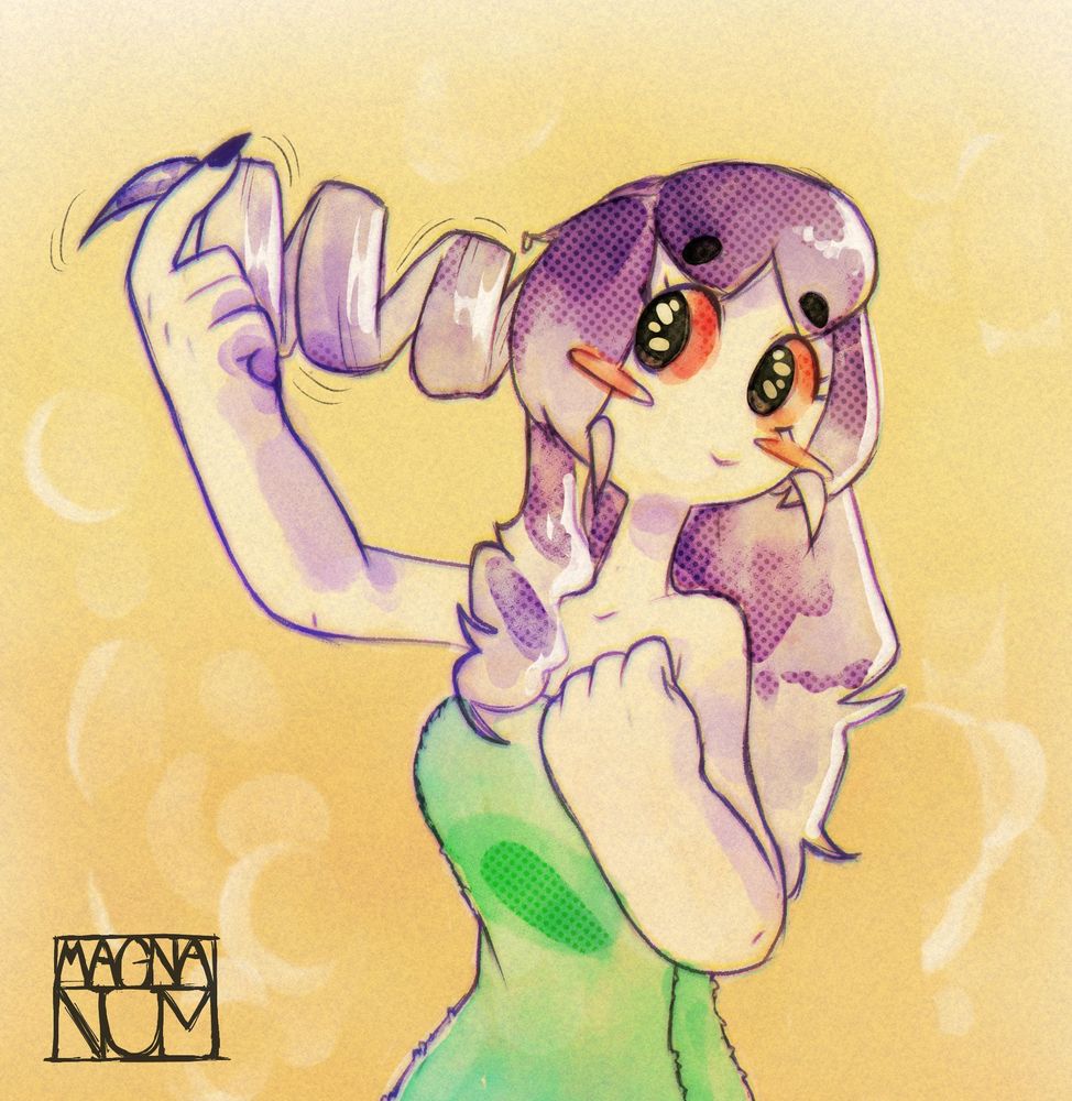 Spider maid num,  after a bath, twirling her hair, to coil it into her regular hairdo.