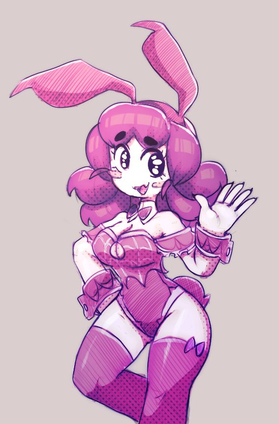 Num the spider maid, dressed up in a spider themed bunny suit, in a pink color palette 